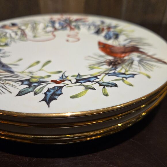 Set 5 Lenox Winter Greetings Cardinal + Ribbon 10.75" dinner Plates Gold Rim - Picture 6 of 11